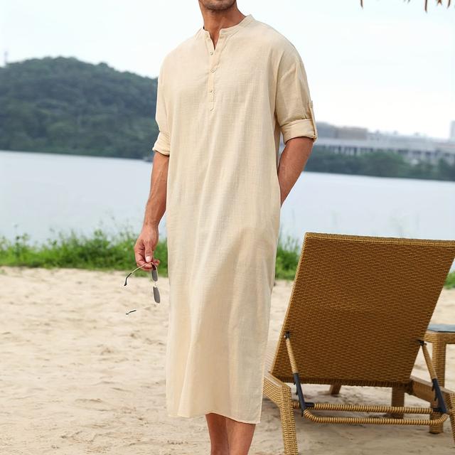 TEMU Men's Long Sleeve Robe - Casual Crew Neck, Non-stretch Solid Color With Split Detail, Ideal For Spring/summer/fall