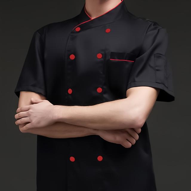 TEMU Short-sleeved Solid Color Double-breasted Chef Uniform For Men, Suitable For Hotels, Restaurants, And Kitchens, Including Hot Pot And Dessert Baking Attire