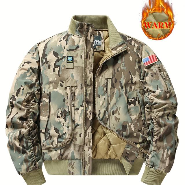 TEMU Ma1 Camouflage American-style Flight Jacket For Men, Thick And Warm Tactical Coat For Autumn And Winter With A Collar