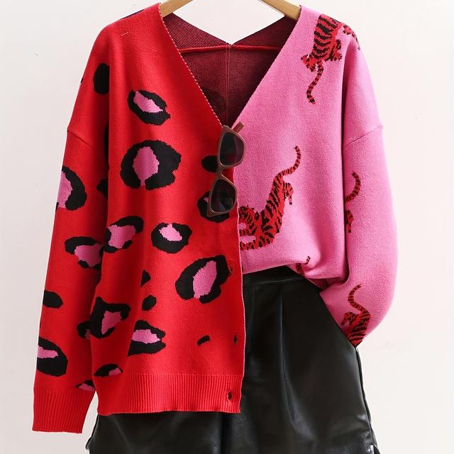 TEMU Women's Valentine's Spring/summer Leopard And Tiger Print V-neck Cardigan, For Dates, , And Daily Commutes