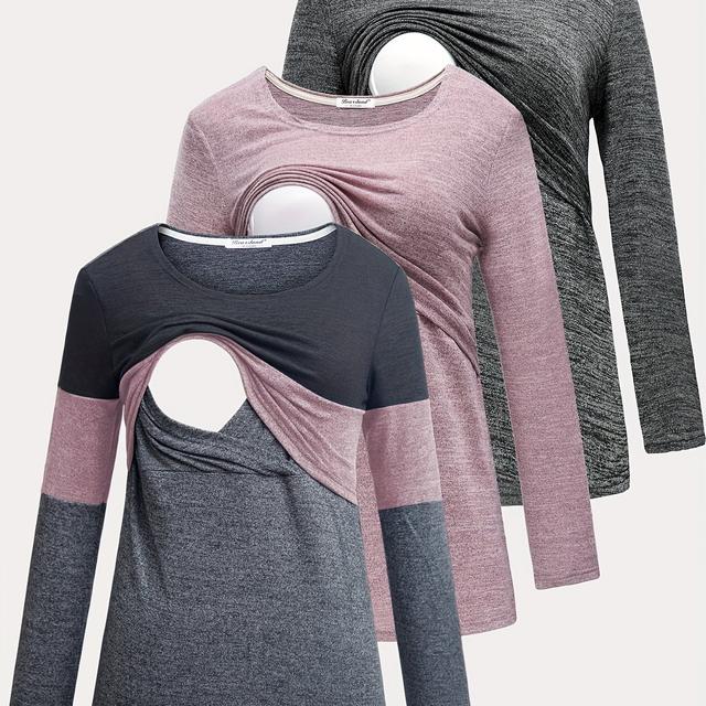 TEMU 3er-Set Bearsland Still-T-Shirts - Langarm Rundhals Stretch-Stickstoff-Oberteile für stillende , Lockere Passform Frühjahr/Herbst Blusen in Beige/Schwarz/Grau, Maschinenwaschbar