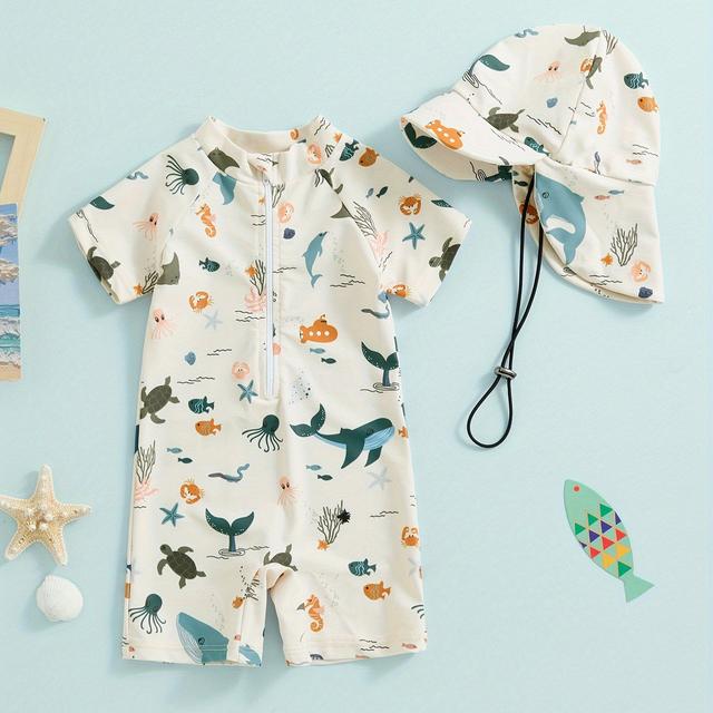 TEMU Chic Watercolor Geometric One-piece Swimsuit With Matching Hat For Babies - Polyester, Machine Washable, Printed, Fashion Pattern