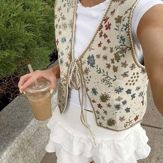 TEMU Damska boho zapinana bluza z haftowanymi kwiatami i geometrycznymi wzorami - bez rękawów, stylowy, idealny na wiosnę/ jesień, zapinana bluza w stylu casual|Bluza z haftowanymi kwiatami|Bluza