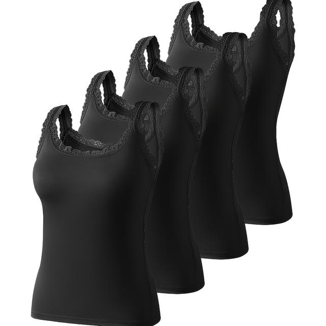 TEMU A Set Of 4 Solid Color Fitted Women's Tank Tops With Round Neck, Casual And Comfortable For All , Suitable As Loungewear Or Sleepwear In Black