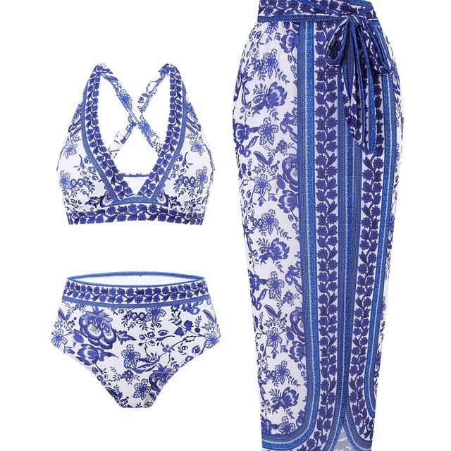 TEMU One-piece Three-piece Set Slim-fit Swimsuit With Blue And White Porcelain Print For Women