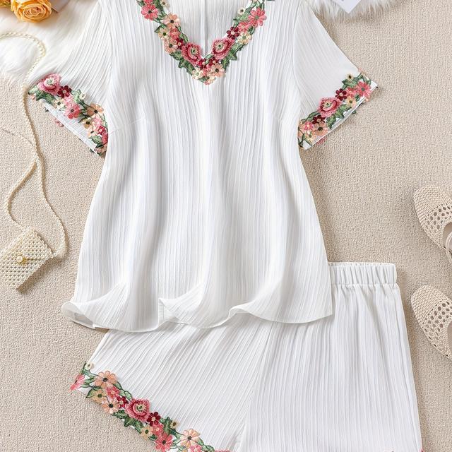 TEMU Plus Size Color Block V-Ausschnitt Blumenstickerei Patchwork Kurzarm-Set mit Elastischem Bund und Bestickten Shorts