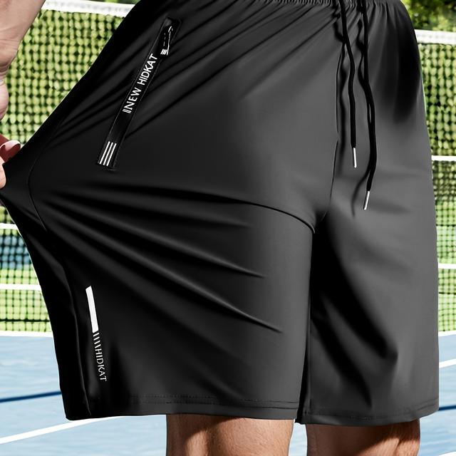 TEMU Men's Summer Casual Ice Silky Fiber Fabric High-stretch Knee-length Shorts With Drawstring Waist, Letter Zipper Pocket, Suitable For Fitness, Sports, Running, And Outdoor Activities