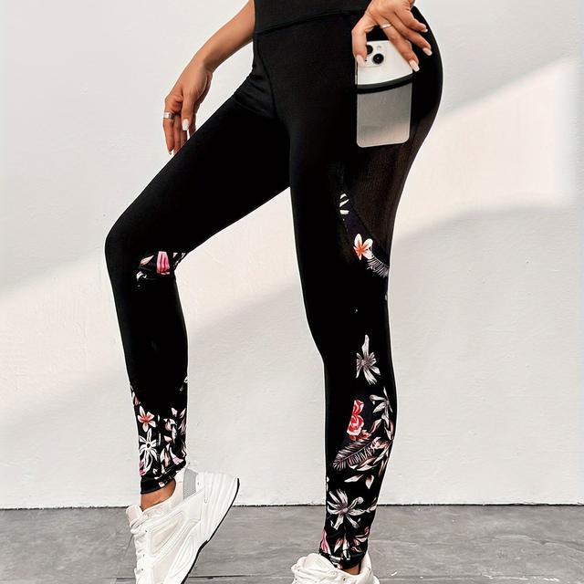 TEMU Flower Print High Waist Tummy Control Fitness Pants, Quick Dry Running Yoga Hip Lifting Sports Leggings, Women's Activewear Wide Waistband