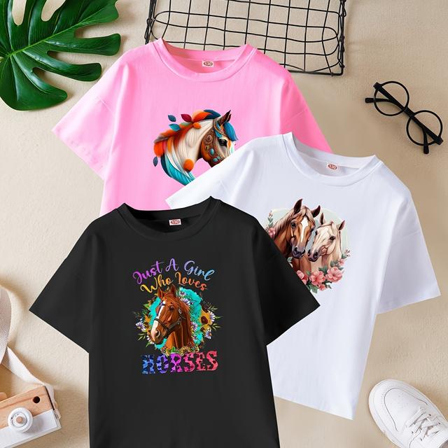 TEMU Girls' Summer Short Sleeve Three-pack Cartoon Horse Head Pattern Casual Tops Clothes Children's Fashion Hoodie T-shirt