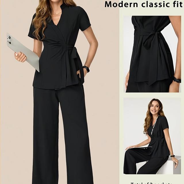 TEMU Women' Color V-neck Short Sleeved Top (with Side Straps And Pants) Uniform Set