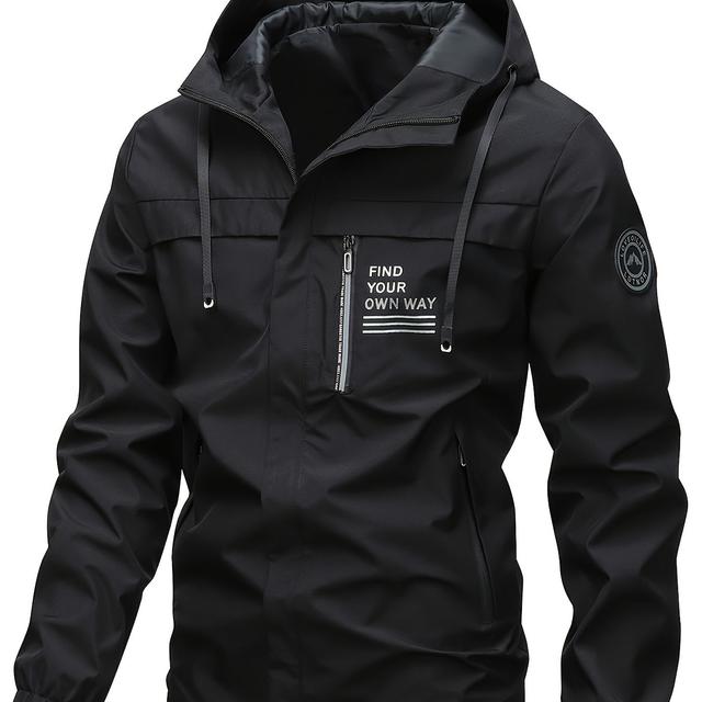 TEMU [popular ] Men's Casual Windbreaker Jacket - Lightweight, Polyester, Hooded With Zipper Pockets, Elastic Cuffs & Hem, Machine Washable For Spring & Fall Outdoor Activities