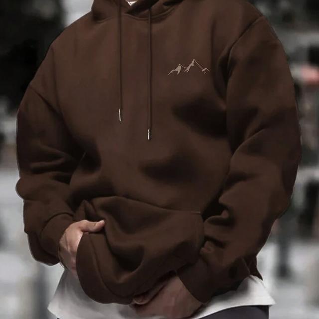 TEMU Stylish Mountain-inspired Minimalist Print Men's Long-sleeve Hoodie, Outdoor Activities And Suitable For Autumn And Winter Wear