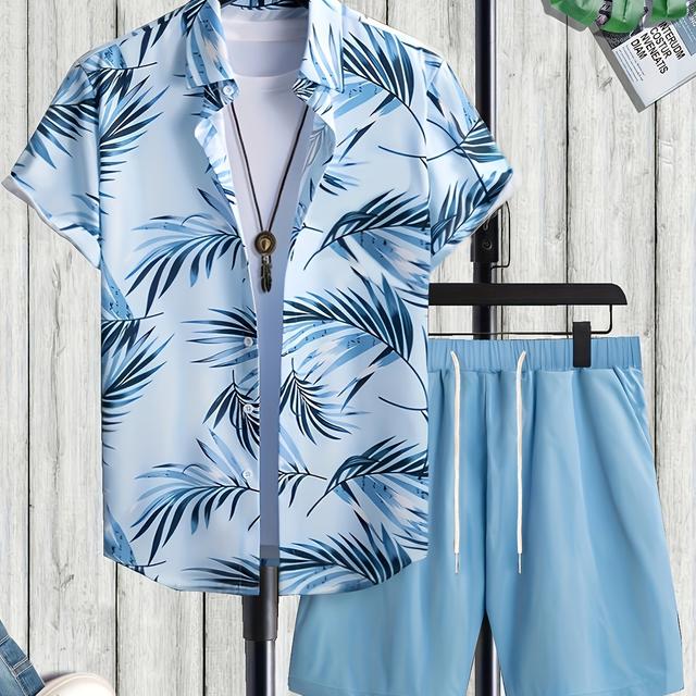 TEMU Men's 2pcs Set Of Casual Leaf Print Collared Short-sleeved Button-up Shirt And Shorts, Suitable For Summer Outdoor Activities