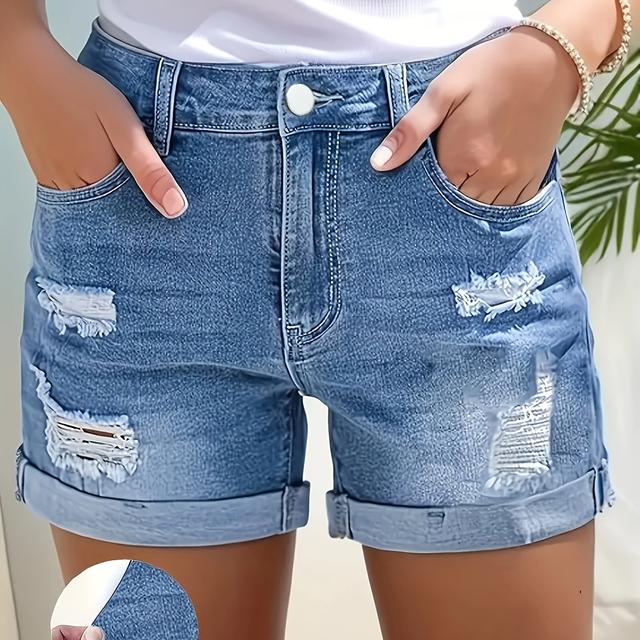 TEMU Női rugalmas farmer rövidnadrág vintage utcai stílussal és kopottas részletekkel - Középhosszú, hétköznapi nyári rövidnadrág, tökéletes tavaszi és nyári szettekhez