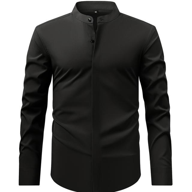TEMU Business Dress Shirt - Stand Collar Long Sleeve Solid Color, For Office & Formal Wear, Professional Attire With Options