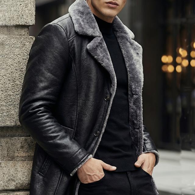 TEMU Men' Color Versatile Fleece-lined Warm Coat, Fashionable Turn- Collar Long Jacket