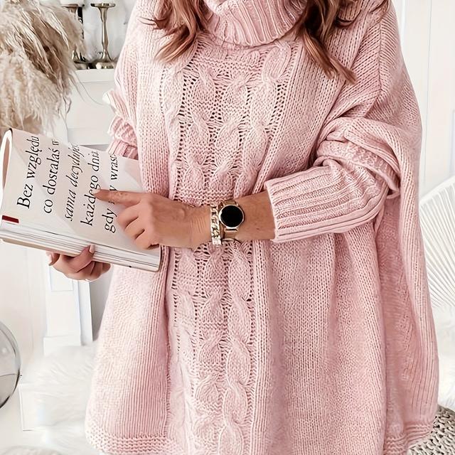 TEMU Pull en torsadé de couleur unie grande taille, pull décontracté à col roulé à manches longues pour et l'hiver, vêtements grande taille pour femmes