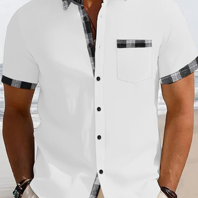 TEMU Men's Casual Short Sleeve Button-up Shirt With Grid - Light Gray, Breathable & Comfortable For , Beach , Casual Summer Wear | Grid Block Pattern |