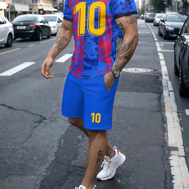 TEMU Ensemble T-shirt et short à motif créatif pour homme, idéal pour les de football, les fêtes et les entraînements, 2 pièces