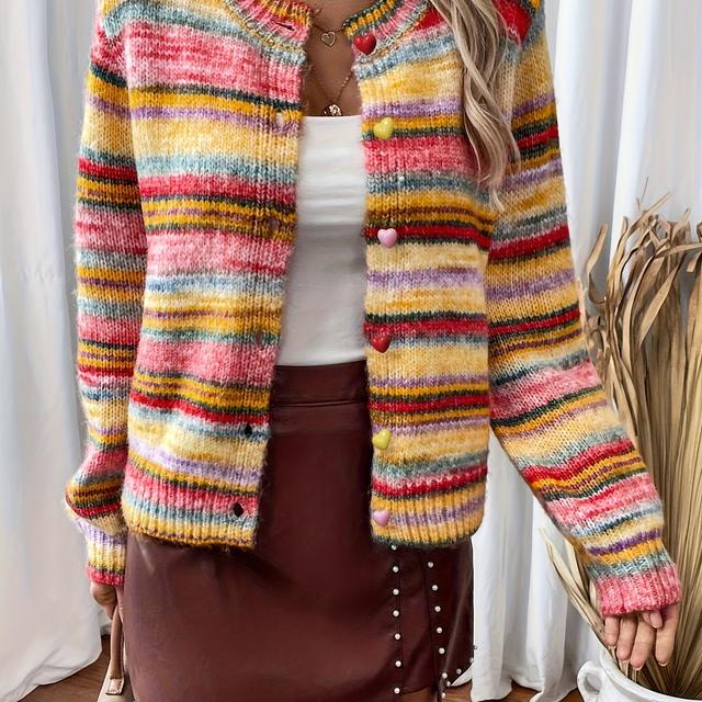 TEMU Herbst Winter Eleganter Strickjacke Mantel, Mehrfarbig Gestreiftes Herz-Knopfdesign Wollstrickjacke Langarm Strickmantel