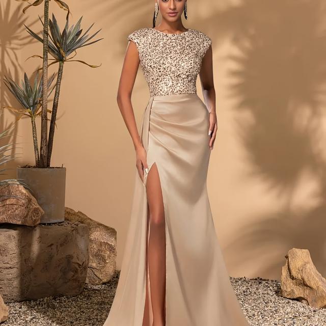 TEMU Kleid mit Pailletten, Rundhalsausschnitt und seitlichem Schlitz, eng anliegend, für Partys