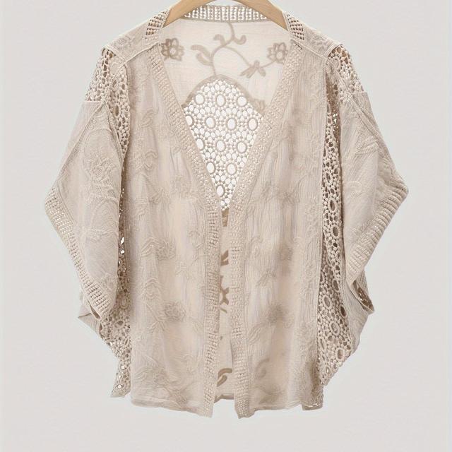 TEMU Leichter Damen-Cardigan mit Fledermaus-Design, bestehend aus besticktem Spitzen- und Blumenmuster.