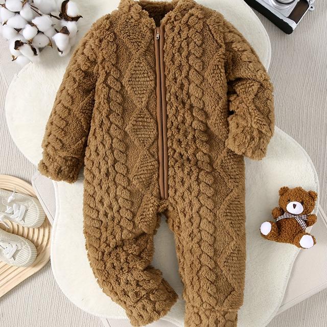 TEMU Cozy Fleece Diamond-quilted Long Sleeve Romper For Baby Boys - Warm, Zip-up Winter Onesie, Brown, Square Pattern, Outdoor