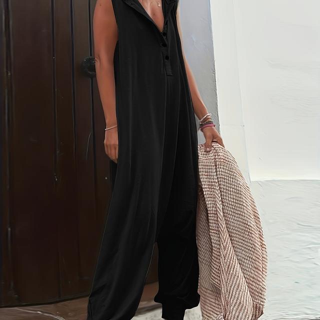 TEMU Combinaison à Capuche Noir Grande Taille pour Femme - Romper Décontracté avec Boutons et Poches Latérales, Lavable en Machine, Tenue Polyvalente Printemps Été Automne, Vêtement Facile d'Entretien