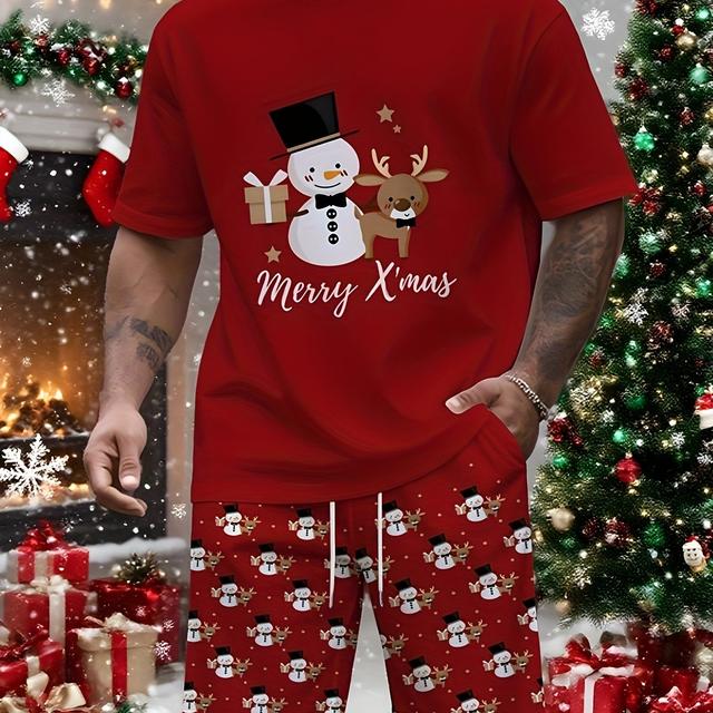 TEMU 2pcs Men's Holiday Christmas Graphic Short Sleeve T-shirt & Shorts Gift Set, Christmas T-shirt For , Polyester, Machine Washable - Ideal Gift For Boyfriend Or Friend, Funny Christmas T-shirt Set