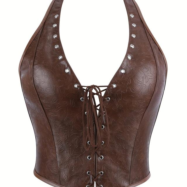 TEMU Corset Top Halter Neck Women's Camisole And Tank Top With Front Ribbon Eyelet Hook Design, Deep V-neck Low Bone Bust Outerwear, Bodice For Comic Performance, Stage Party, Backless Top