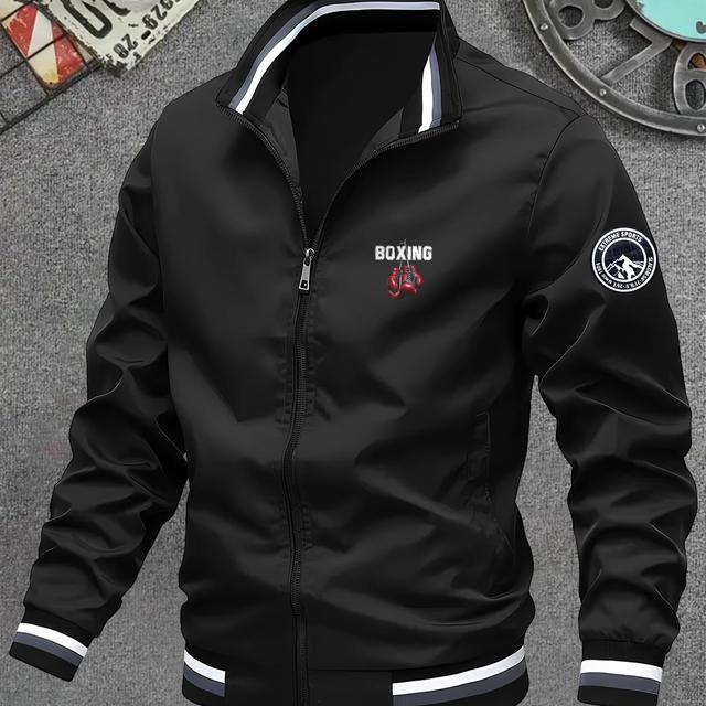 TEMU Herren Boxhandschuh-Print Bomberjacke – Hochkragen-Winterjacke mit Reißverschluss Punch-Design, maschinenwaschbare Freizeitjacke für Fitness & Casual, Herbst/Winter Jacke (Ohne)