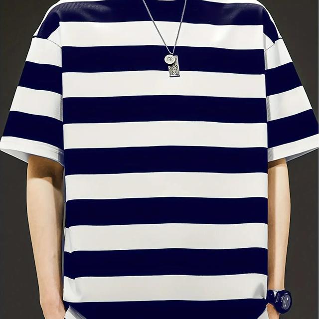 TEMU Men's Casual Striped T-shirt - Loose Fit, Breathable Polyester, Machine Washable - Summer Fashion Top, Plus Size