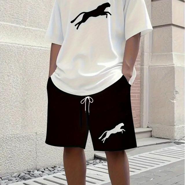 TEMU Traje casual para hombre con estampado de animales, camiseta blanca y shorts negros, diseño moderno y , veraniego