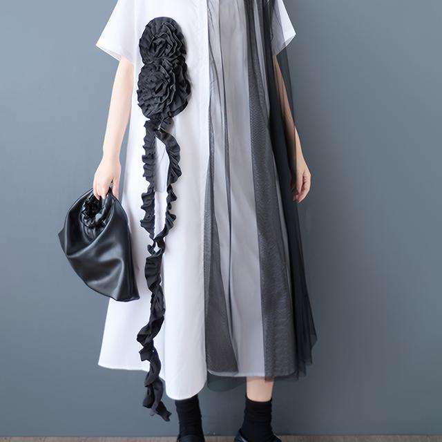 TEMU トなホワイト＆ブラック カラーブロック シャツドレス - ボタン付きデザイン、カラー、半袖、プリーツメッシュオーバーレイ スキート 女性用 春夏