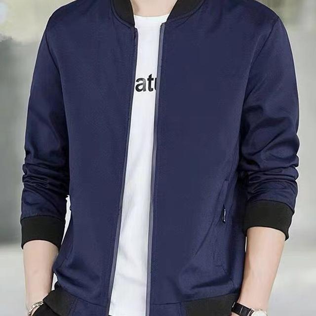 TEMU Men's Navy Contrast Baseball Collar Jacket - Slim Fit Casual Zip-up Coat, Machine Washable Polyester, Spring/fall Versatile Outerwear
