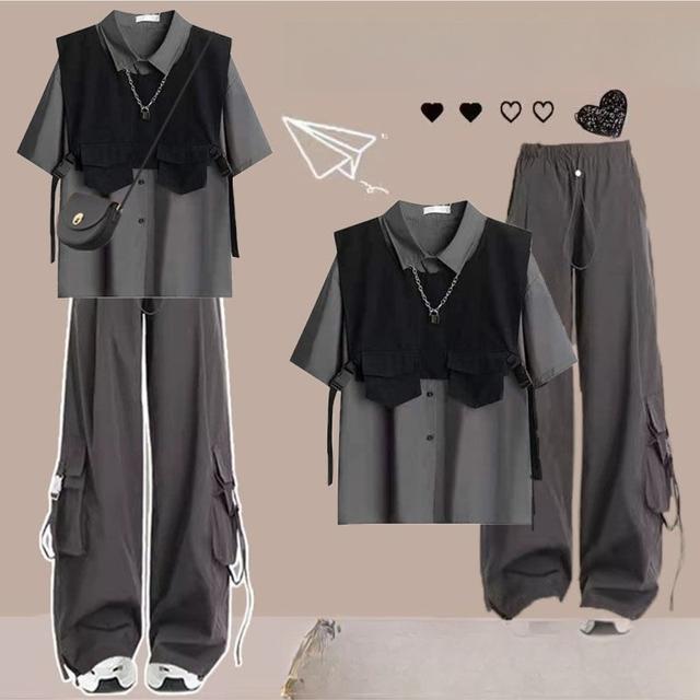 TEMU 夏用ラル 男女兼用 韓国風 半袖シャツ + 機能性ホースワークパンツ