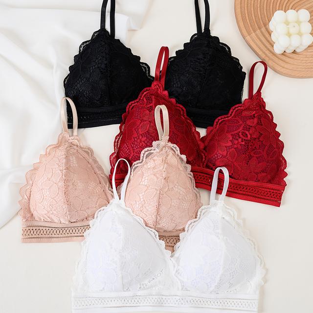 TEMU 4 Simple Flower Lace Bras, Comfortable And Breathable Bras, Women's Underwear And Underwear