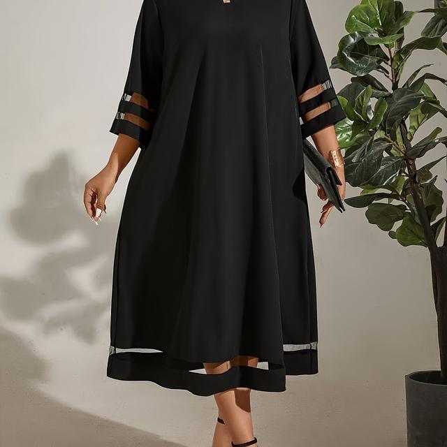 TEMU [customer Favorite] Size Midi Dress - Casual Crew Neck With Short Sleeves, Solid Color With Mesh Detail, Machine Washable - All