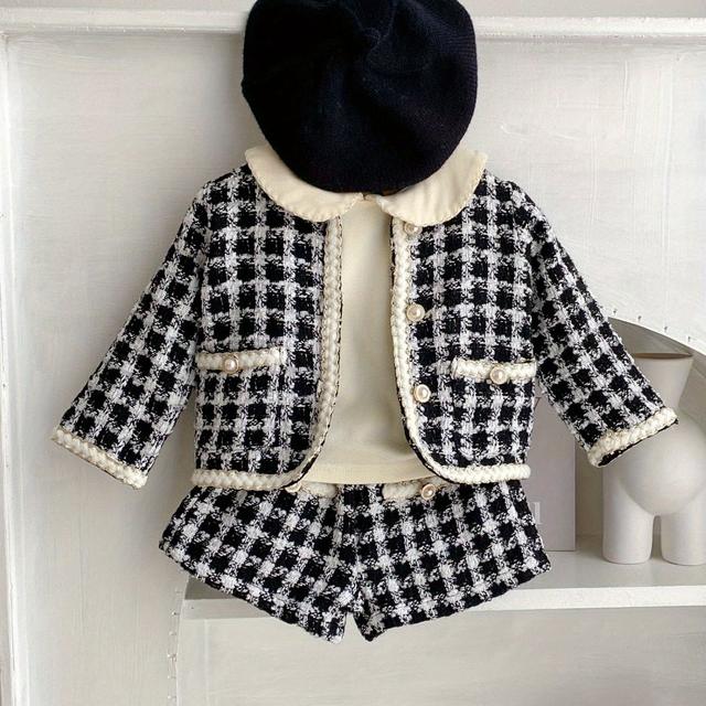 TEMU A Stylish And Two-piece Outfit For Spring And Autumn, Featuring A Checkered Long-sleeve Shirt Jacket And Shorts, Children's Parties And Autumn, For Outdoor