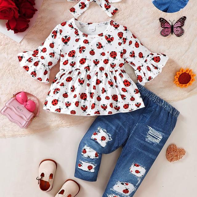 TEMU Baby Girl Element Digital Trumpet Sleeve Long Pants Headscarf Daily Rest Simple Top And Pants Headscarf 3 Piece Set