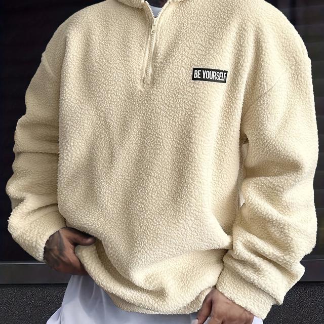 TEMU Men's Casual Hoodie With Letter Patch & Half-zip - Cozy Polyester, Machine Washable, Solid Color Pullover Sweatshirt - Perfect Boyfriend Gift