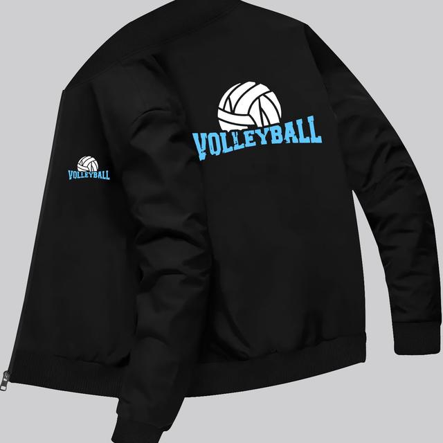 TEMU แจ็คเก็ตลำลองลายวอลเลย์บอลสำหรับผู้ชาย - สวมใส่กระชับ, ปกยืน, เสื้อผ้าเสริมที่หลากหลายสำหรับฤดูใบไม้ร่วง/ฤดูหนาว