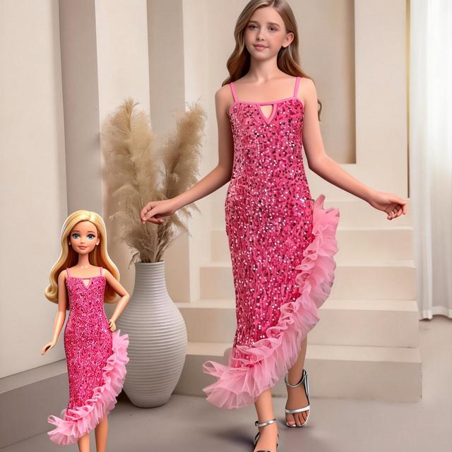 TEMU Figurbetontes Kleid mit Spaghettiträgern und funkelnden Pailletten für Mädchen, asymmetrischer Tüllsaum, Cut-out-Detail, Kleid für besondere Anlässe