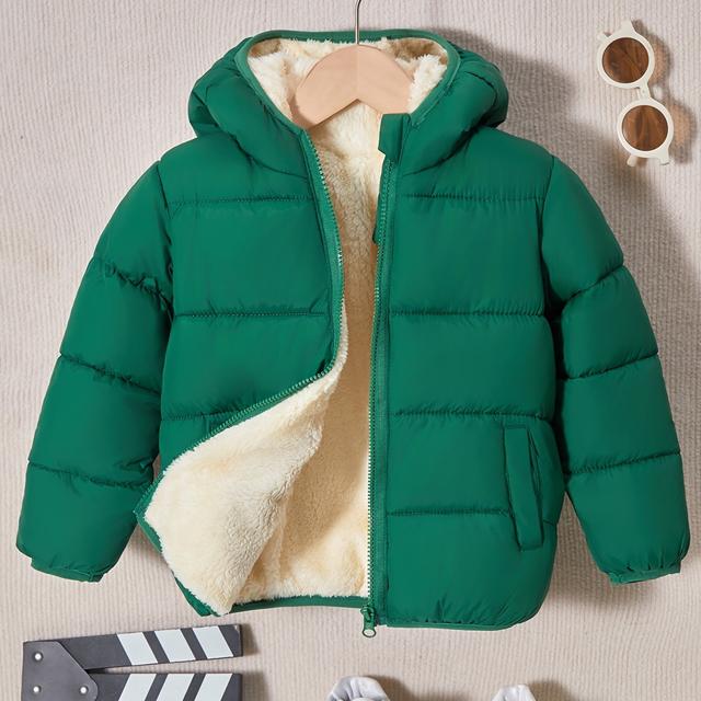 TEMU Boys' Winter Hooded Jacket - A Warm Polyester Coat With Zip Pockets, Casual And Loose Fit, Suitable For Teenagers, Functional Zip Pockets, Designed For And Insulation