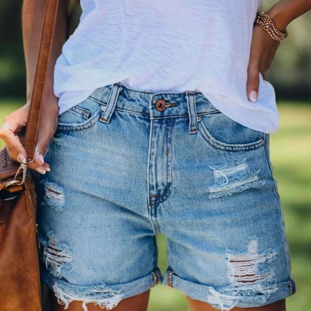 TEMU Women's Denim Shorts Stylish Ripped Design Slim Fit Mid Rise Jean Shorts For Summer
