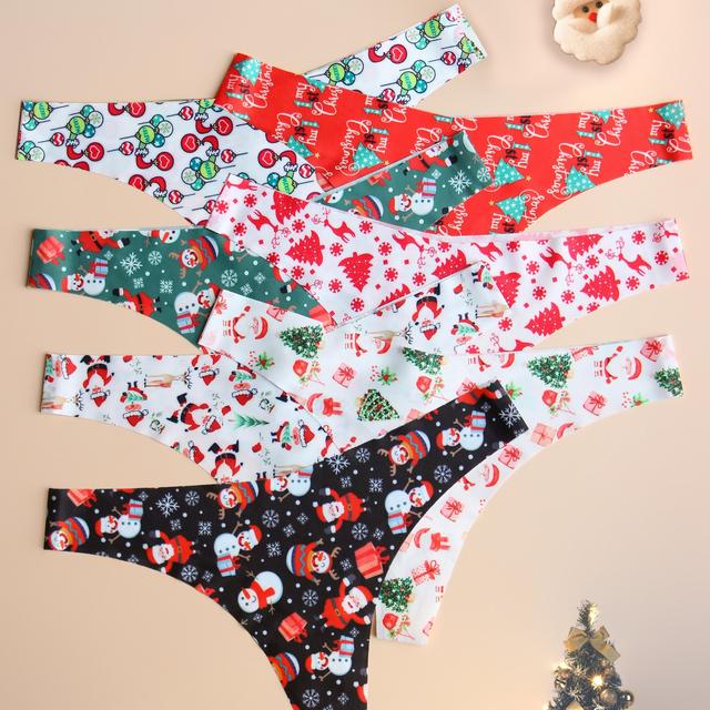 TEMU Set mit 7 Low-Rise Tanga Slips mit nahtlos bedruckten Weihnachtsmotiven für Damen, weich, bequem und atmungsaktiv