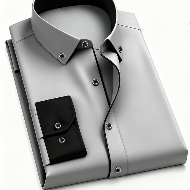 TEMU قميص رجالي رسمي للأعمال - قميص رسمي كلاسيكي بلون متباين، تصميم أزرار أمامية ضيق ومخصص، لون سادة / ياقة، قماش غير شفاف للمكتب ومناسبات الزفاف - ماكينة غسيل، قمصان أنيقة لسبتمبر