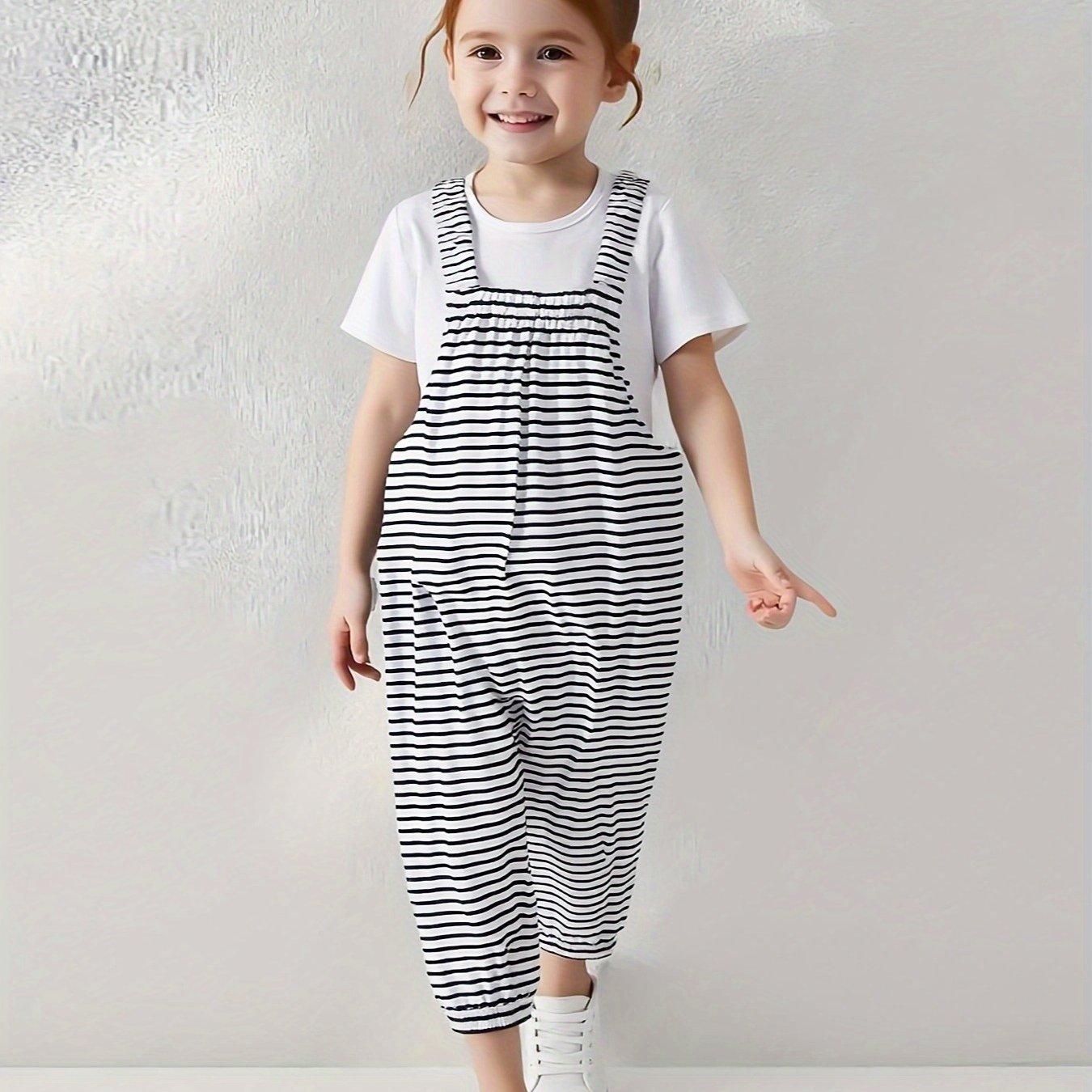 TEMU Summer Girls' Jumpsuit With Straps - Striped Casual Joggers, Loose And Stretchy For , Versatile Sporty Style, Perfect For Outdoor Activities