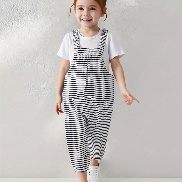 TEMU Summer Girls' Jumpsuit With Straps - Striped Casual Joggers, Loose And Stretchy For , Versatile Sporty Style, Perfect For Outdoor Activities