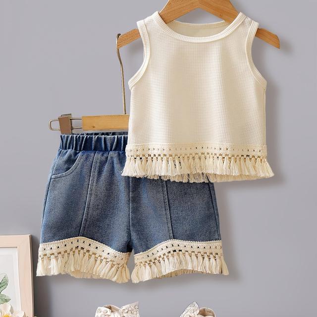 TEMU Summer Fashion Casual Bohemian Top And Denim Shorts Two-piece Set For Baby Girls, For Outdoor